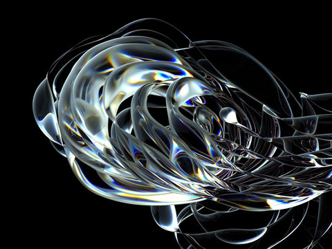 3d render of abstract 3d background based on glass tubes in curve wavy round lines with dispersion effect and with matte surface in some parts on black background