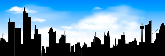 City skyline on blue sky background. Abstract city against the blue sky and white clouds. City, sky, clouds