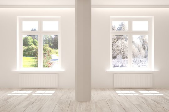 Empty room in white color with winter and summer landscape in window. Scandinavian interior design. 3D illustration