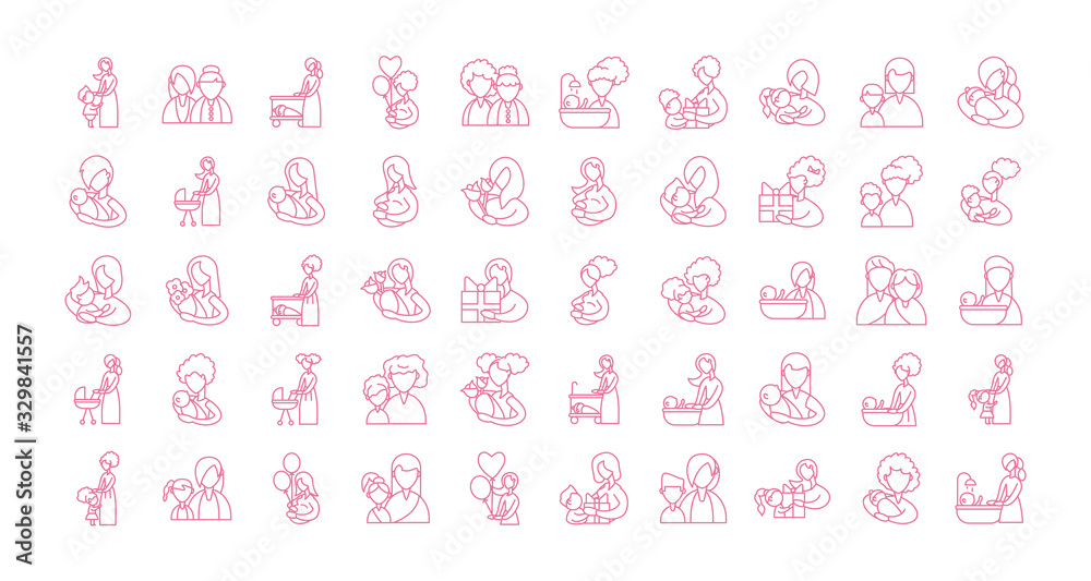 Wall mural set of icons with mother and baby, line style icon