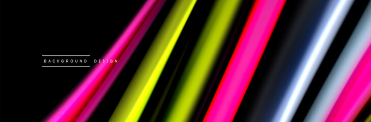 Silk and smooth flow wave poster design. Color waves, liquid style lines and shapes in black color background