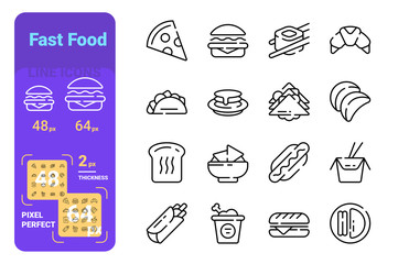 Fast and unhealthy food line icons set
