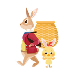 cute little rabbit lifting basket and chick easter characters