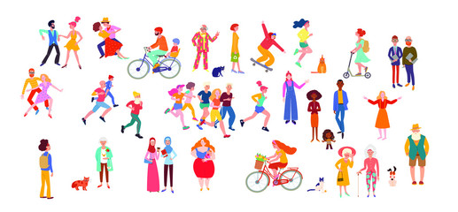 Fototapeta na wymiar Large group of people performing summer outdoor activities - riding bicycle, skateboarding, walking dogs and cats, dance, run, walk with children. Crowd of people flat vector on white background.