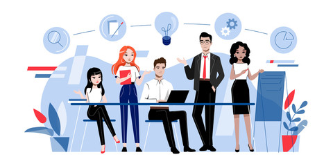 Creativity And Teamwork Concept. Male And Female Cartoon Characters Are Working On And Developing A New Project Together In The Office. Cartoon Linear Outline Flat Style. Vector Illustration Set