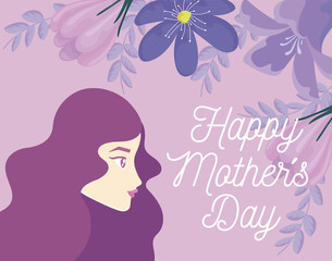 Happy mothers day design with decorative beautiful flowers and woman profile
