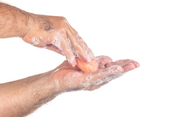 man washing hands using soap on white background, hygiene concept