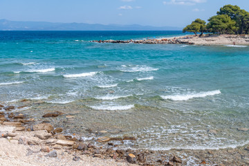 Halkidiki, Greece - September 05,2019: Lagoon Beach near Pefkochori, Halkidiki, Greece. One of the most beautiful beaches in the Halkidiki Peninsula.