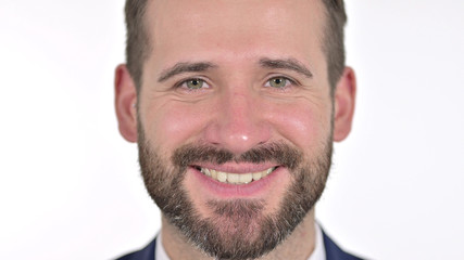 Obraz premium Close up of Smiling Face of Man at the Camera, White Background