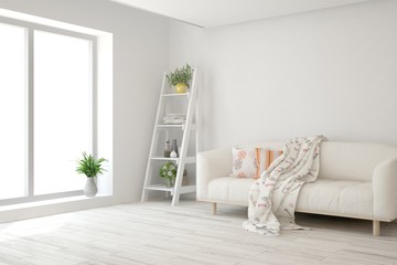 Fototapeta premium Modern living room in white color with sofa. Scandinavian interior design. 3D illustration