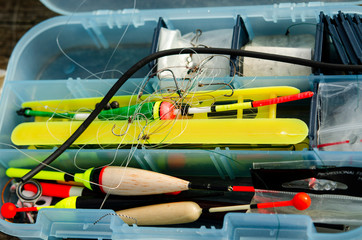 A colorful set of fisherman with floats, fishing and hooks for fish