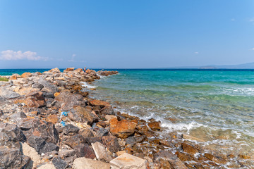 Fototapeta na wymiar Halkidiki, Greece - September 05,2019: Lagoon Beach near Pefkochori, Halkidiki, Greece. One of the most beautiful beaches in the Halkidiki Peninsula.