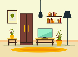 living room interior with furniture, TV, table, wardrobe,window, shelves with books and home flowers, floor lamp. flat cartoon vector illustration