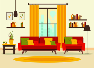 living room interior with furniture, table, window, shelves with books and home flowers, floor lamp. flat cartoon vector illustration
