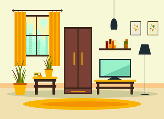 living room interior with furniture, TV, table,wardrobe,  window, shelves with books and home flowers, floor lamp. flat cartoon vector illustration