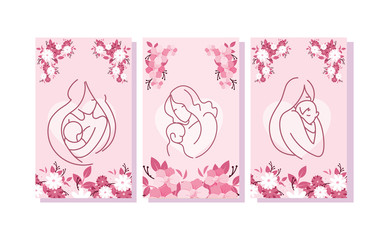 set of cards with mother and baby, happy mothers day