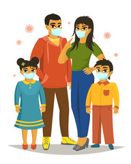 Big family wearing surgical mask, Coronavirus protection, vector illustration