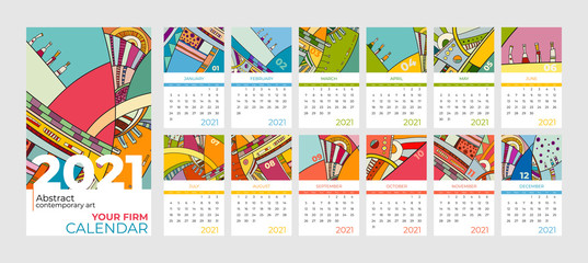 2021 calendar abstract contemporary art vector set. Desk, screen, desktop months 2021, colorful 2021 calendar template, agenda pattern. Psychedelic sketched calendar, day planner. Set 12 month pages. - obrazy, fototapety, plakaty