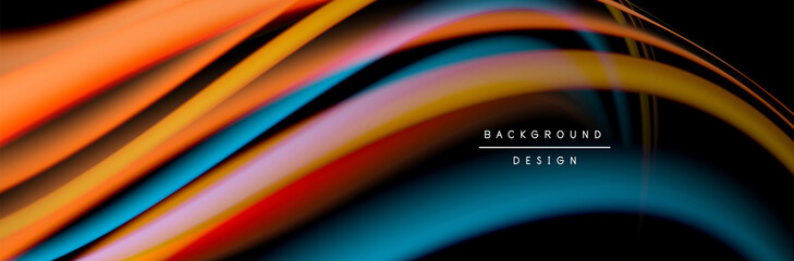 Сolorful flow poster. Wave liquid lines and shapes in black color background. Vector Illustration