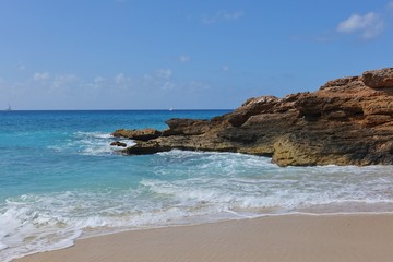 View of a beach on the blue Caribbean Sea in Saint Martin (Sint Maarten), Dutch Antilles