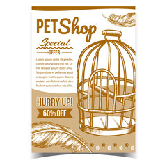 Pet Shop With Birdcage Advertising Poster Vector. Metallic Birdcage For Domestic Parrot And Bird Pen On Advertise Banner. Accessory Template Hand Drawn In Vintage Style Monochrome Illustration
