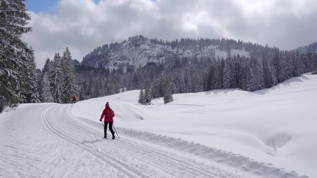 nice senior woman , crosscountry skiing in fresh fallen snow on a ski track in the Allgau Alps, Bavaria, Germany