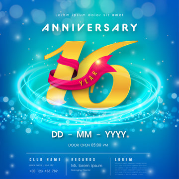 16 years anniversary logo template on blue Abstract futuristic space background. 16th modern technology design celebrating numbers with Hi-tech network digital technology concept design elements.