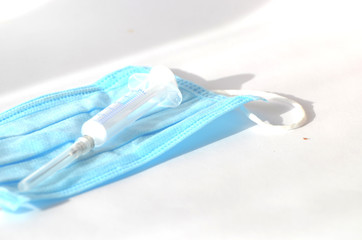 Blue medical masks and medicine, virus protection pattern for banners and typography 