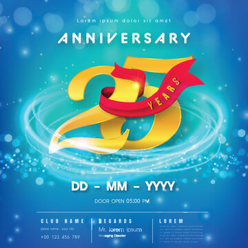 25 years anniversary logo template on blue Abstract futuristic space background. 25th modern technology design celebrating numbers with Hi-tech network digital technology concept design elements.