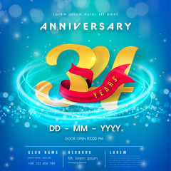 34 years anniversary logo template on blue Abstract futuristic space background. 34th modern technology design celebrating numbers with Hi-tech network digital technology concept design elements.
