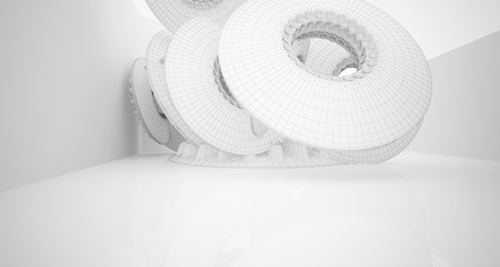 Abstract drawing architectural background. White interior with discs. 3D illustration and rendering.