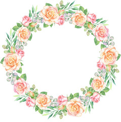  Watercolor frame wreath with roses and eucalyptus.