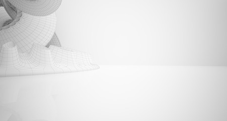 Abstract drawing architectural background. White interior with discs. 3D illustration and rendering.