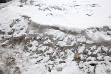 Dirty snow spring background. Old and dirty snow texture. Natural background. Snow mixed with coal soot, poor ecology. Environmental pollution.