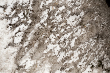 Dirty snow spring background. Old and dirty snow texture. Natural background. Snow mixed with coal soot, poor ecology. Environmental pollution.