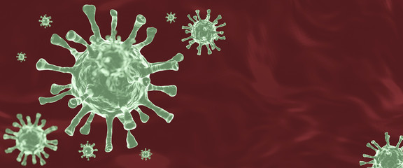 Green virus or corona in red background. microbiology concept,cocp space, 3D rendering