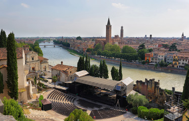 Panoramic view of Verona with Ronan Theatre and Adige river, Italy