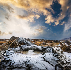 Mud volcanoes of Gobustan near Baku at sunset, Azerbaijan