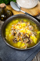 Polish barley soup with vegetables and chicken heart.