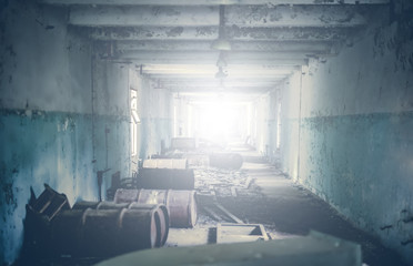 Barrels of chemicals in building in the Chernobyl exclusion zone