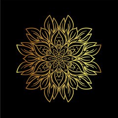 Lotus and Sacred Geometry. Ayurveda symbol of harmony and balance, and universe. Tattoo flesh design, yoga logo. Boho print, poster, t-shirt textile. Gold over black. Isolated vector illustration.