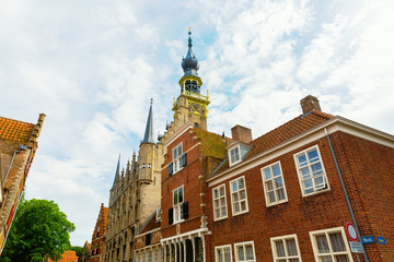 historic houses with steeple of the historic town hall, Veere, Netherlands