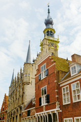 historic houses with steeple of the historic town hall, Veere, Netherlands