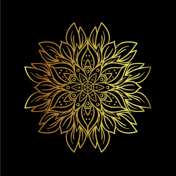 recommend clip art: Lotus and Sacred Geometry. Ayurveda symbol of harmony and balance, and universe. Tattoo flesh design, yoga logo. Boho print, poster, t-shirt textile. Gold over black. Isolated vector illustration.