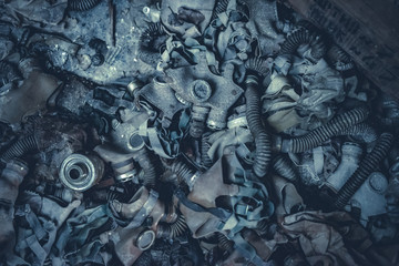 Gas masks in school on a floor in Prypiat, Chernobyl Exclusion Zone, Ukraine