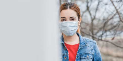 Virus concept. Girl in mask, risk for health, pneumonia, epidemic