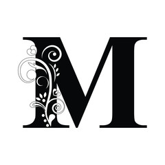 letter M. Black flower alphabet.  Beautiful capital letters