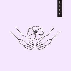 Vector illustration of hands holding flax plant flower in outiline style. Linseed drawing for medicine, culinary or nutritional supplement label, logo, emblem, print design or engraving.