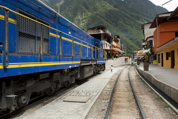 Fototapeta na wymiar Train to Machu Picchu Incan citadel. Andes Mountains Peru. Urubamba River valley.