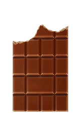 Bitten milk chocolate bar isolated on white background